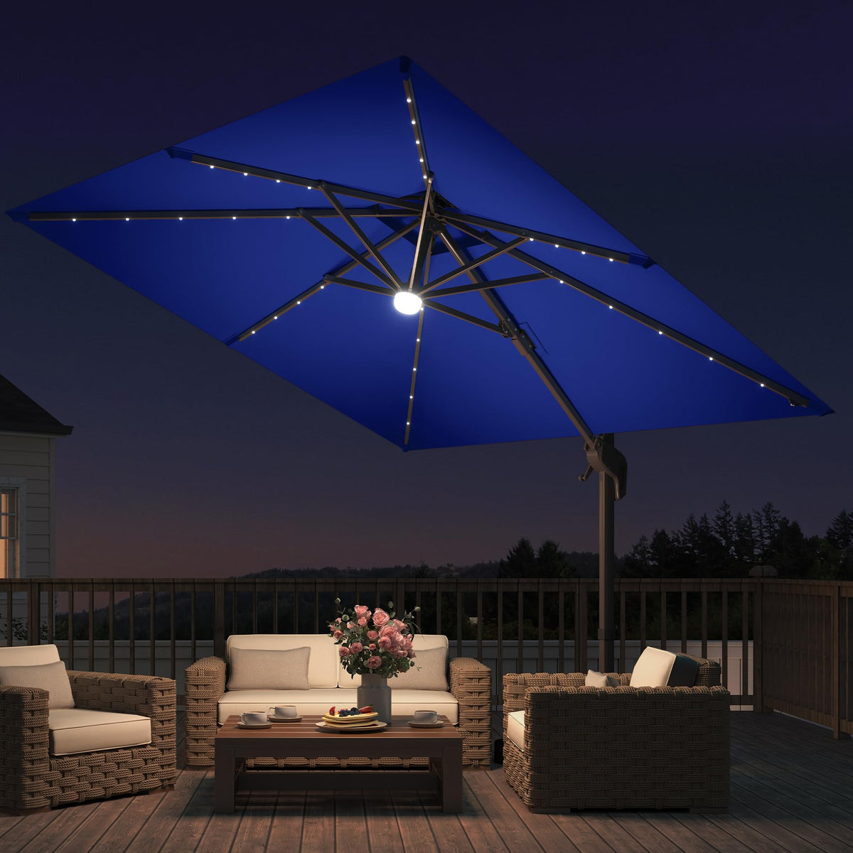 9x9 FT Cantilever Offset Patio Umbrella with Lights & Base I325