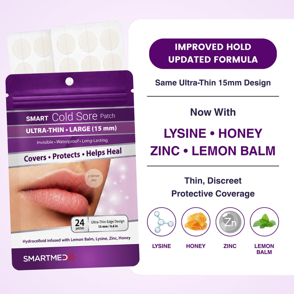 15 mm Hydrocolloid Cold Sore Patches with Lysine, Honey, Zinc & Lemon Balm, 24 Count Z378