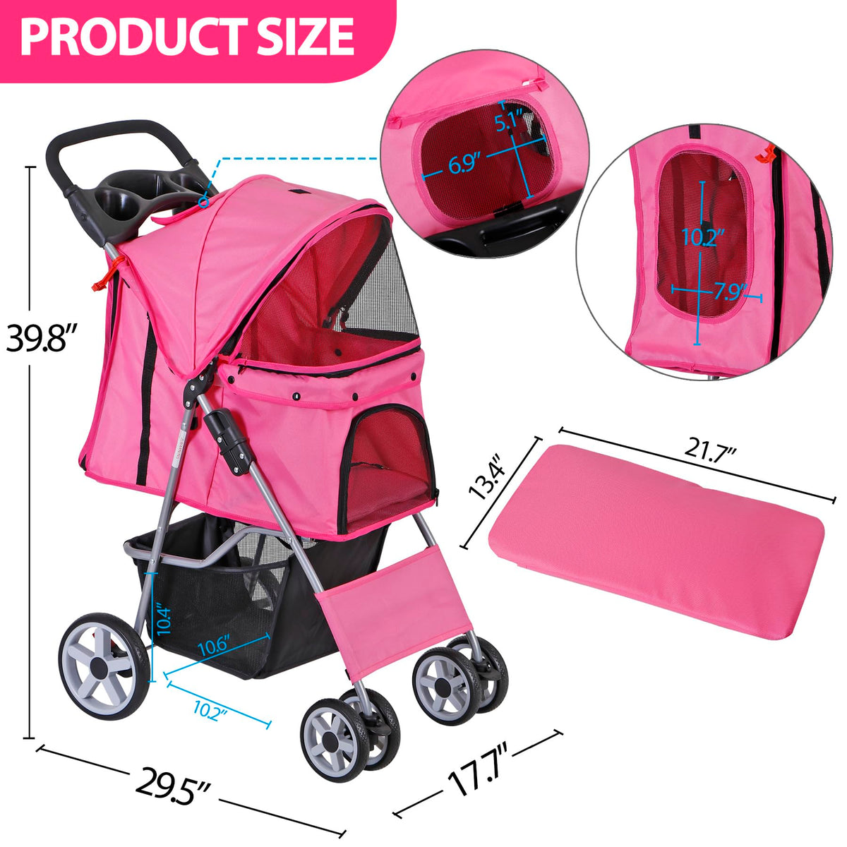 4 Wheels Folding Dog Stroller with Storage Basket, Pink Y339450