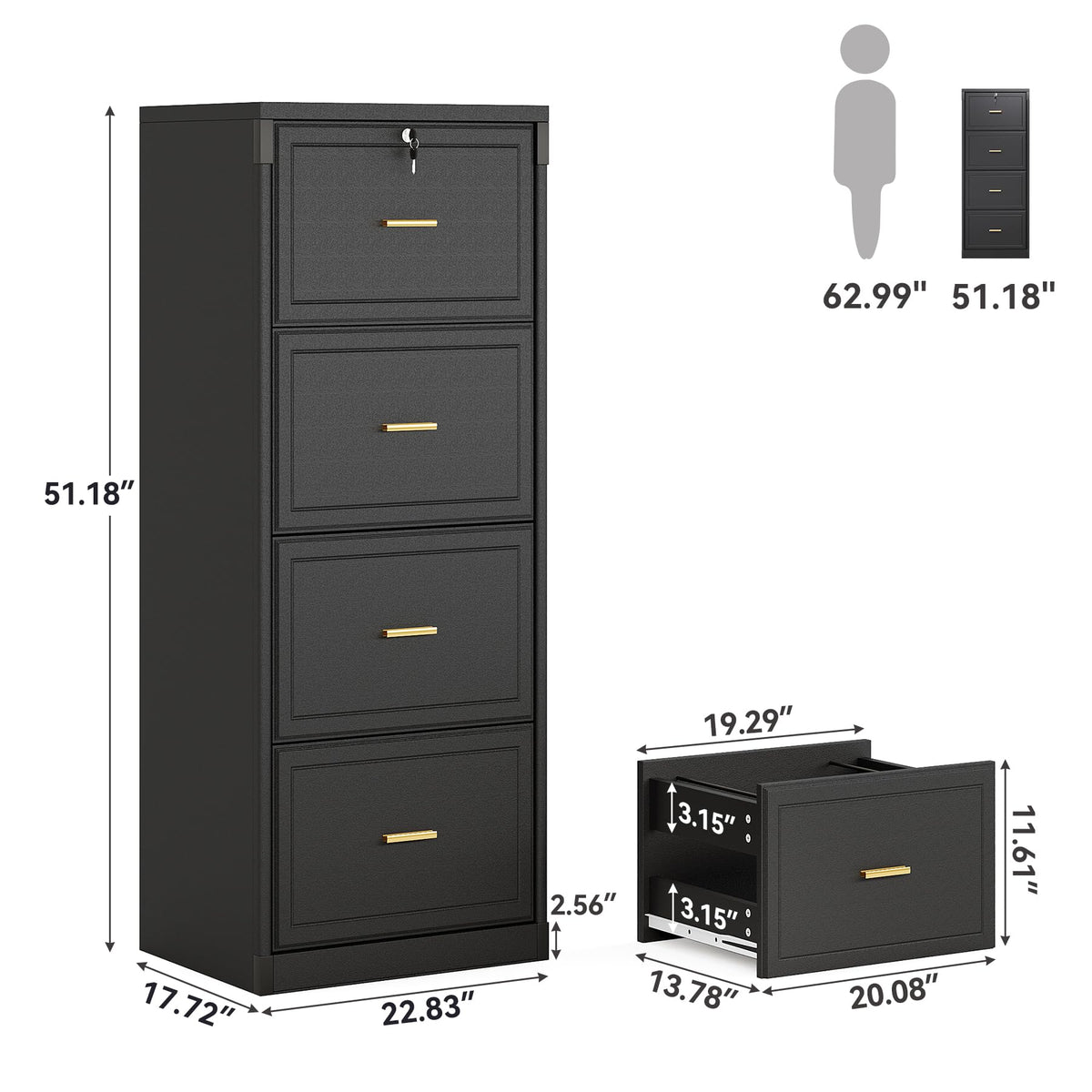 4 Drawer Black MDF File Cabinet with Lock E555226