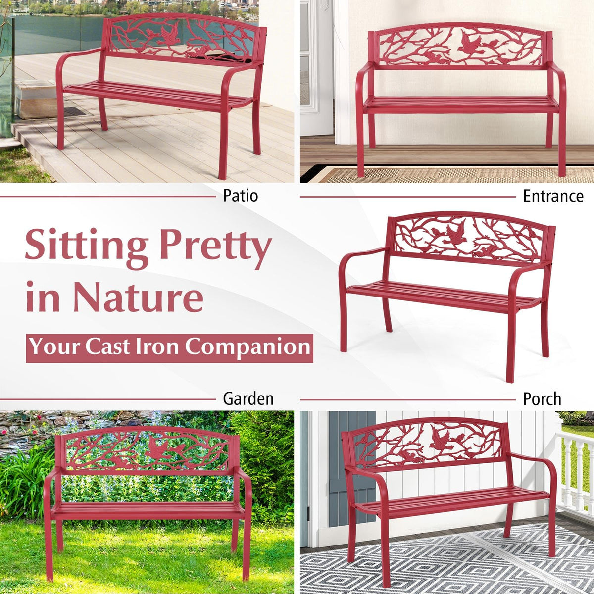 Metal Outdoor Garden Bench with Bird & Twig Back Pattern, Seats 2-3 Persons B6745
