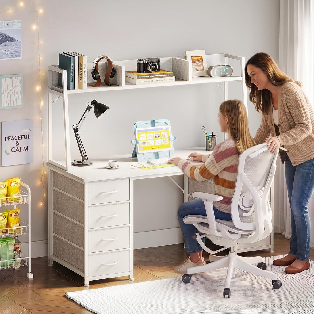48 Inch White Computer Desk with Hutch and 8 Drawers F413