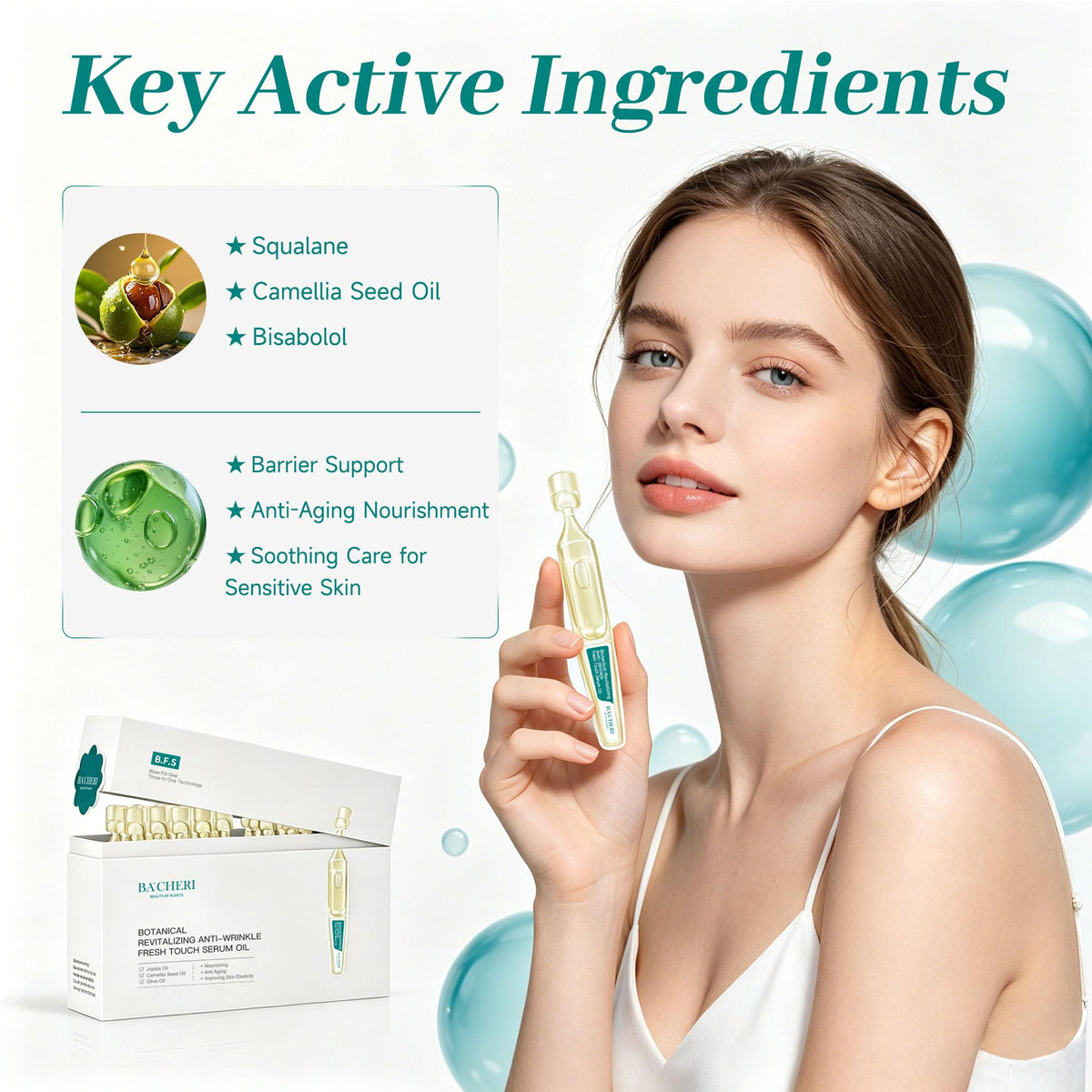 Anti-Aging Face Oil Serum Ampoules with Squalane, Camellia, Jojoba & Meadowfoam Seed Oil, 1ml x 30 V712100