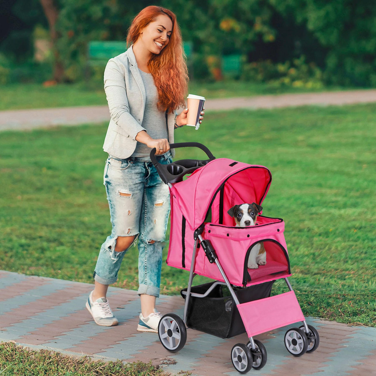 4 Wheels Folding Dog Stroller with Storage Basket, Pink Y339450