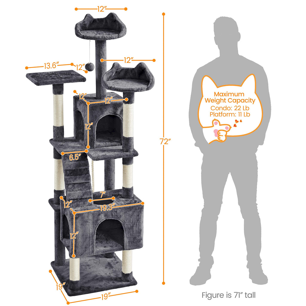 72in Dark Gray Cat Tree Tower with 2 Condos & 3 Perches C25510