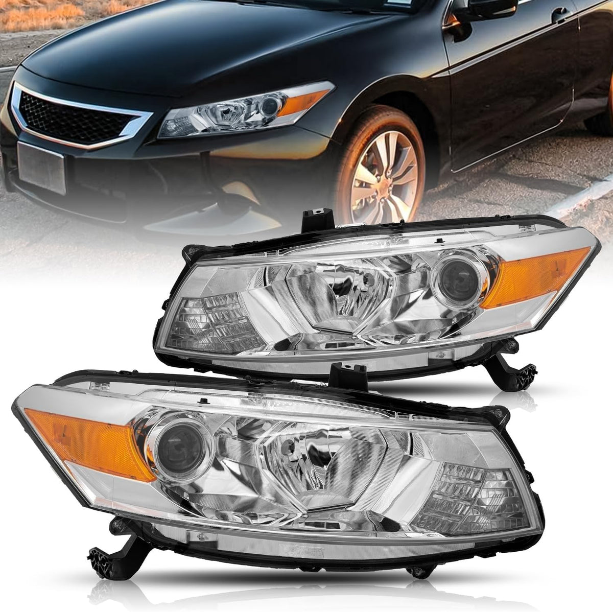 Headlight Assembly Replacement Chrome Housing with Amber Reflector C314