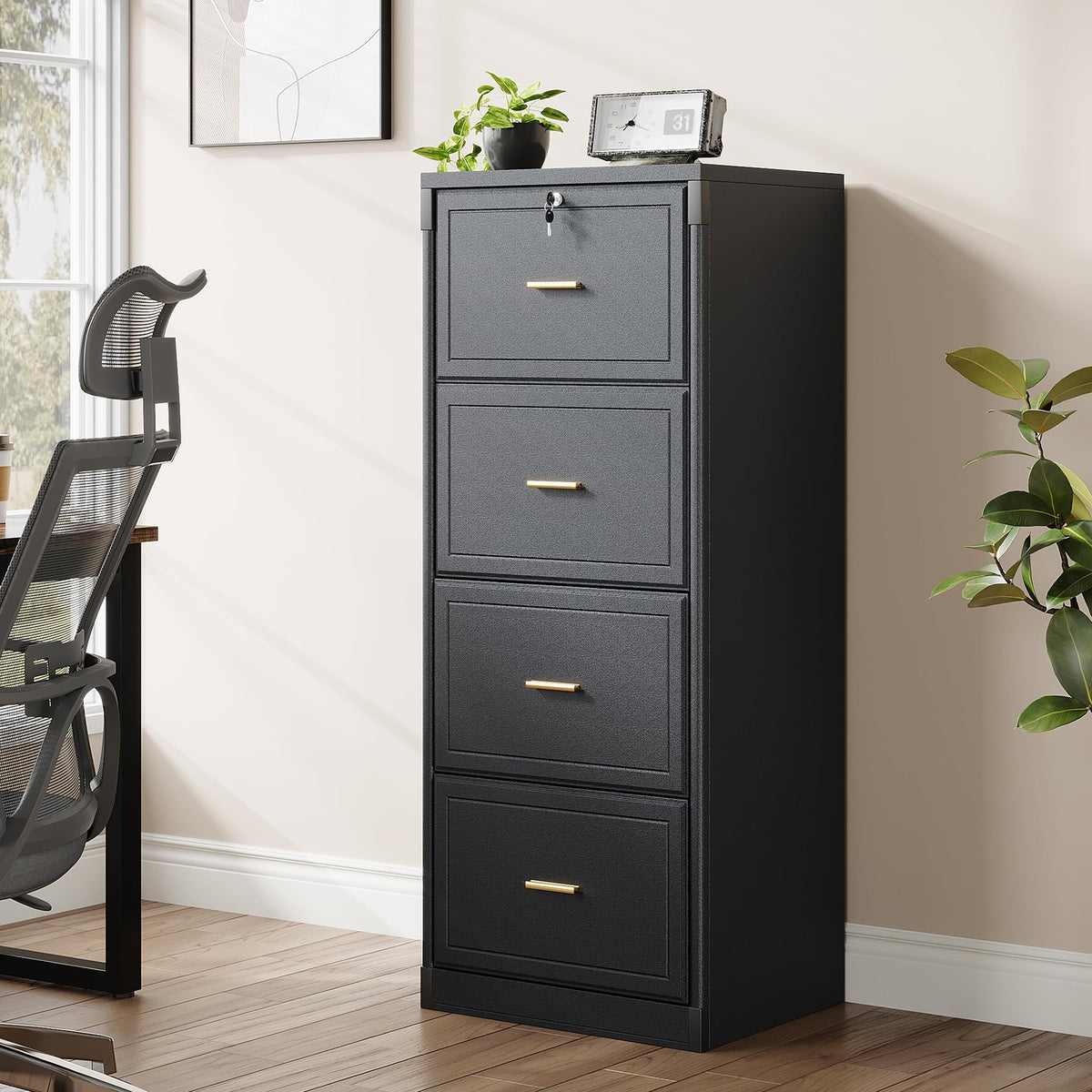 4 Drawer Black MDF File Cabinet with Lock E555226
