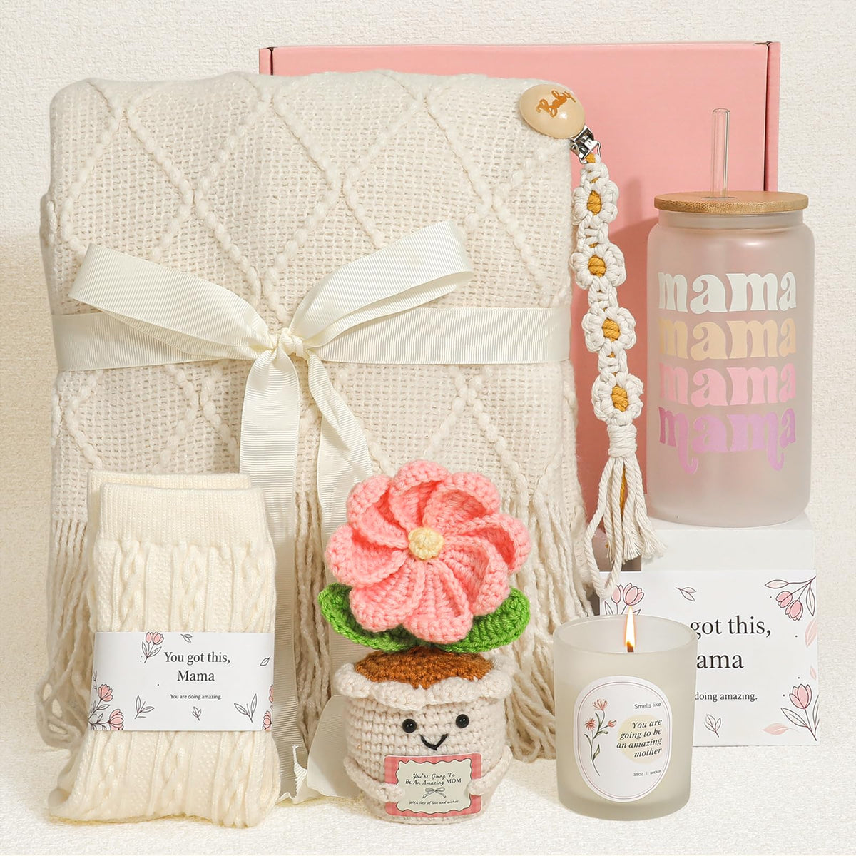 Mom Gift Basket with Blanket, Glass Cup, Candle, Socks & Crochet Flower G337005