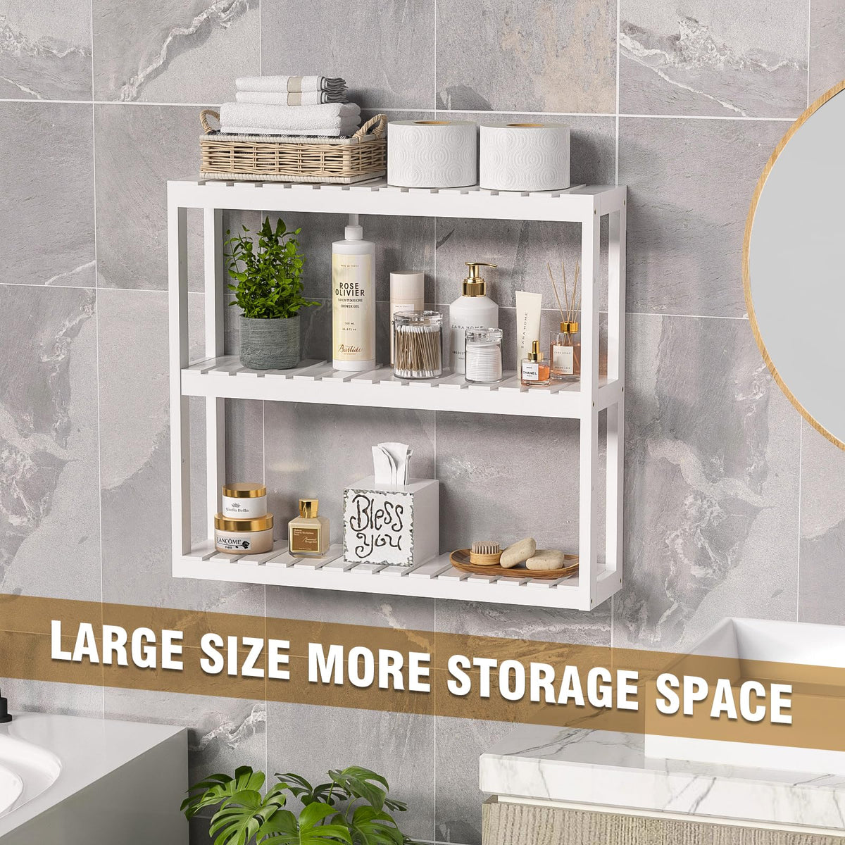 White 3 Tier Bamboo Bathroom Shelves H2843