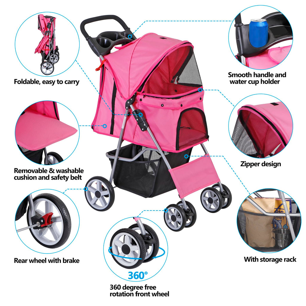 4 Wheels Folding Dog Stroller with Storage Basket, Pink Y339450