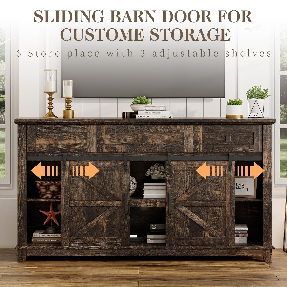 59" Dark Rustic Oak Farmhouse TV Stand with Storage Drawers T299145