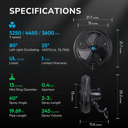 20 Inch Outdoor Wall Mount Fan with Misting Ring J54158