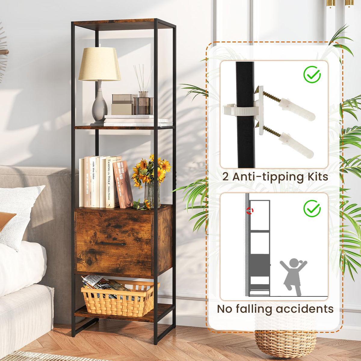 5-Tier Bookshelf with Drawer Narrow Bookcase X26538