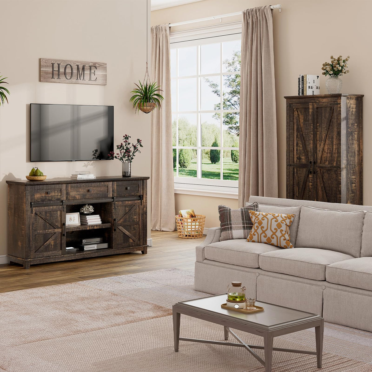 59" Dark Rustic Oak Farmhouse TV Stand with Storage Drawers T299145