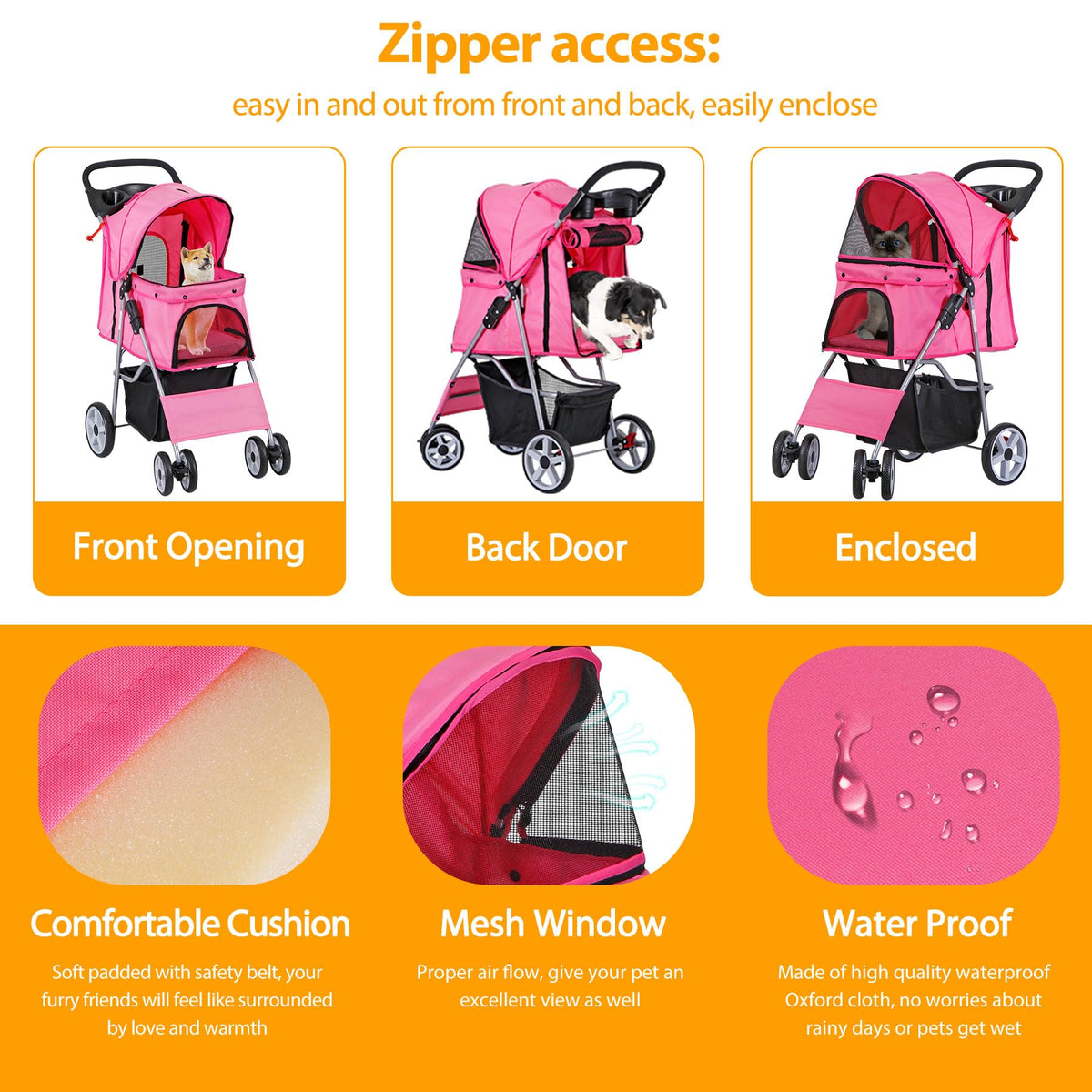 4 Wheels Folding Dog Stroller with Storage Basket, Pink Y339450