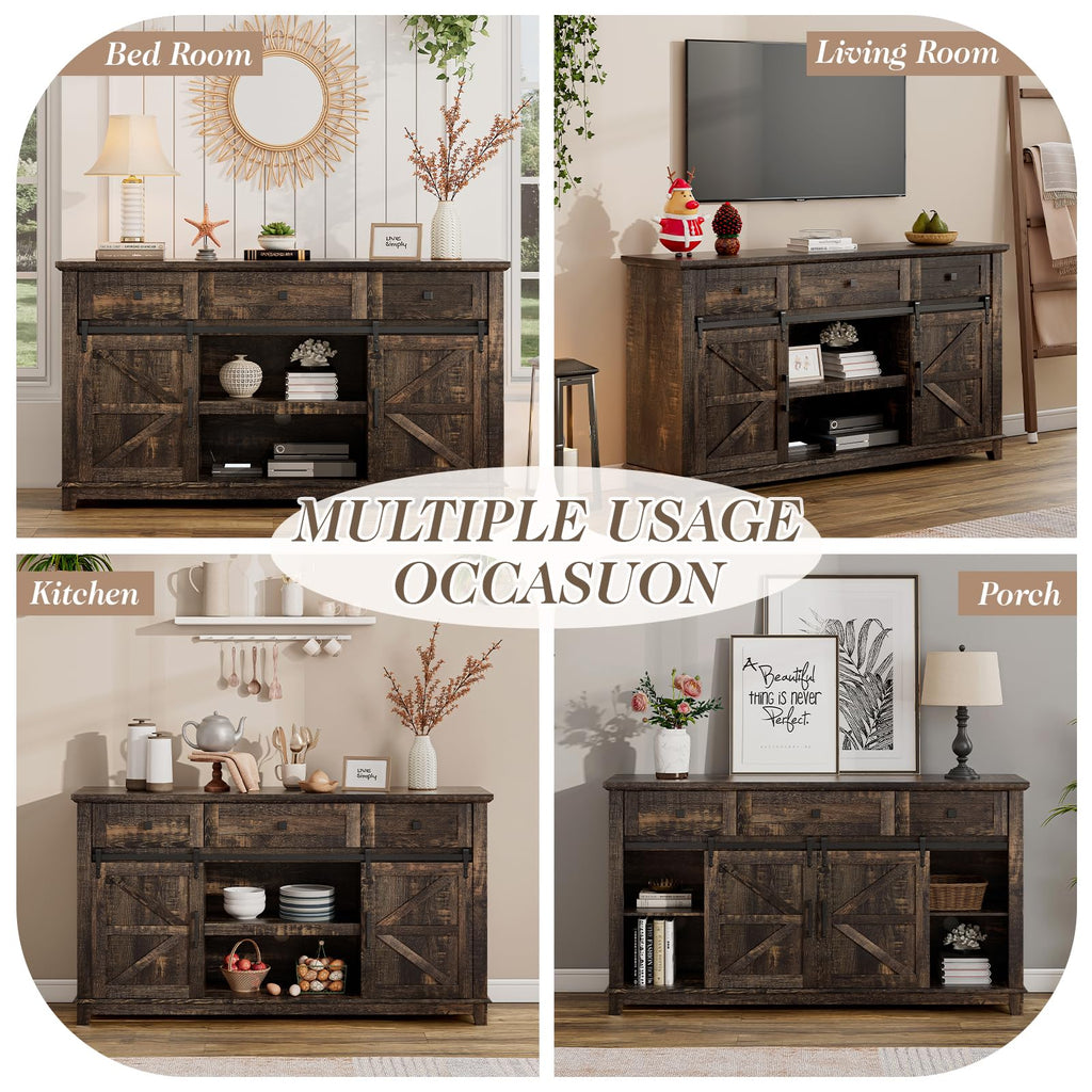 59" Dark Rustic Oak Farmhouse TV Stand with Storage Drawers T299145