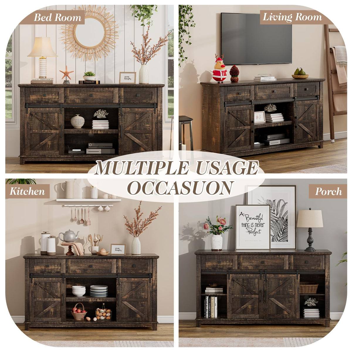 59" Dark Rustic Oak Farmhouse TV Stand with Storage Drawers T299145