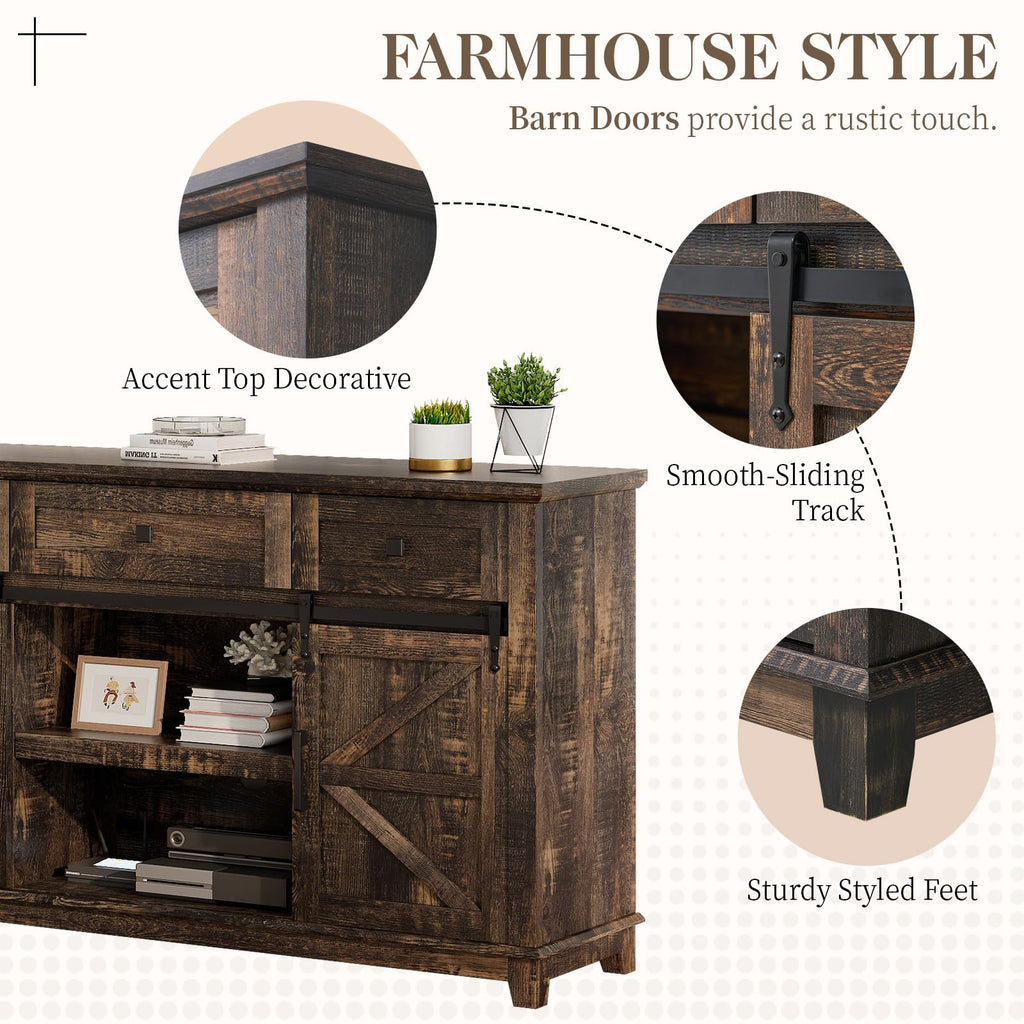 59" Dark Rustic Oak Farmhouse TV Stand with Storage Drawers T299145