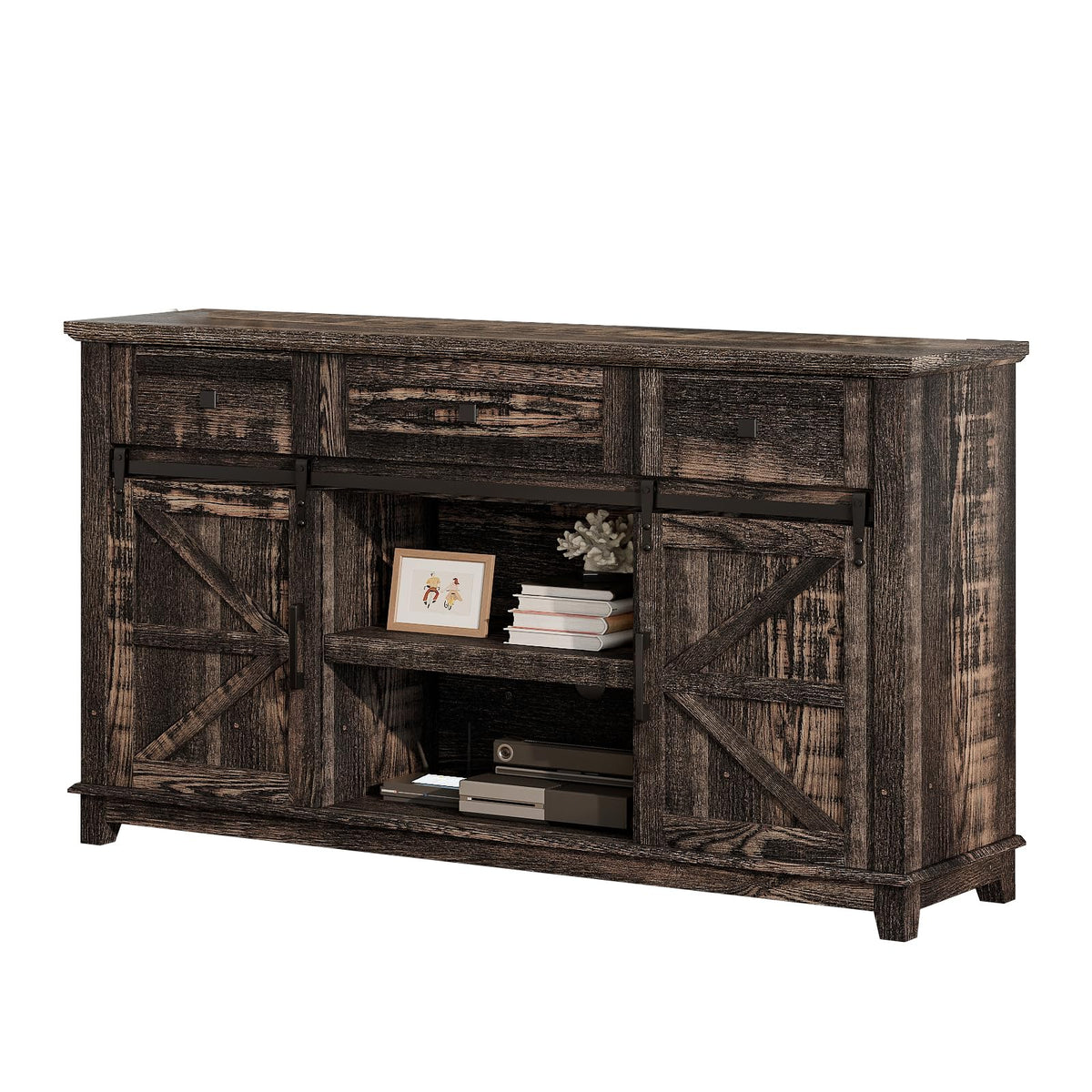 59" Dark Rustic Oak Farmhouse TV Stand with Storage Drawers T299145