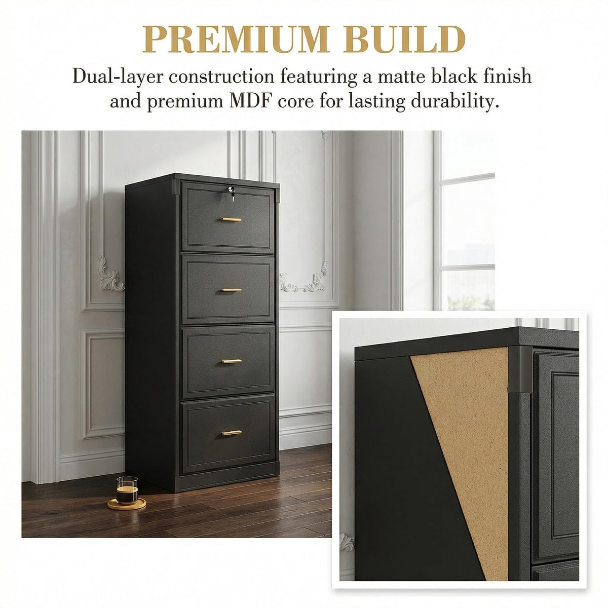 4 Drawer Black MDF File Cabinet with Lock E555226