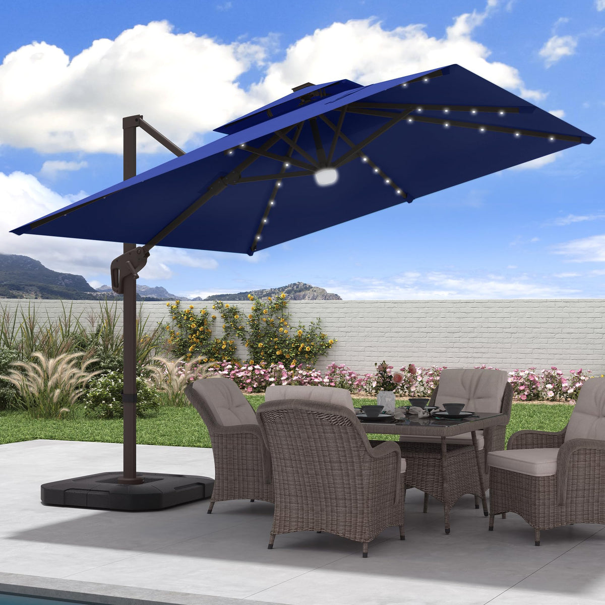 9x9 FT Cantilever Offset Patio Umbrella with Lights & Base I325
