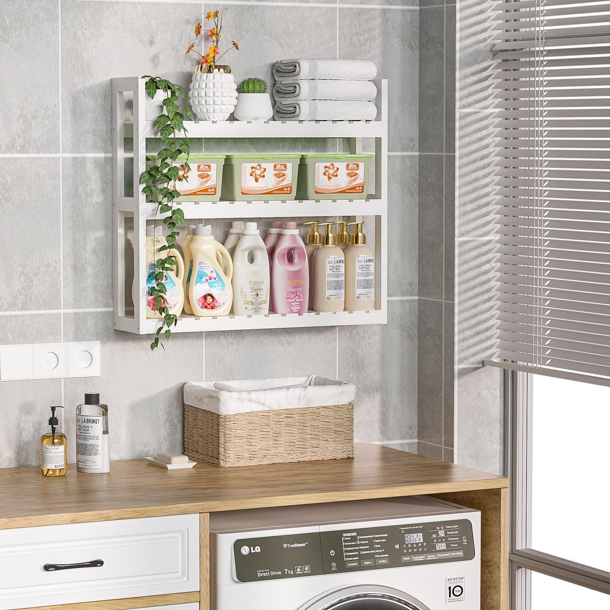 White 3 Tier Bamboo Bathroom Shelves H2843