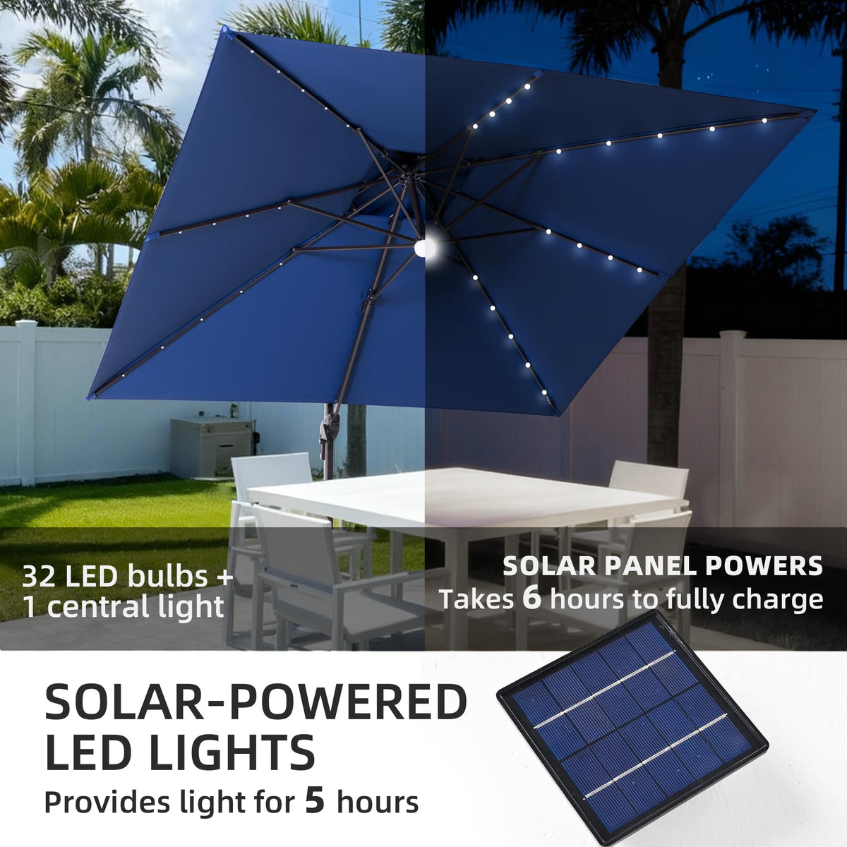 9x9 FT Cantilever Offset Patio Umbrella with Lights & Base I325