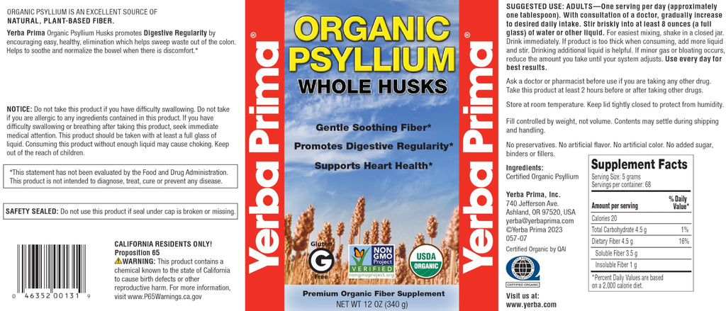 Organic Psyllium Whole Husks 12 oz Fiber Supplement M780