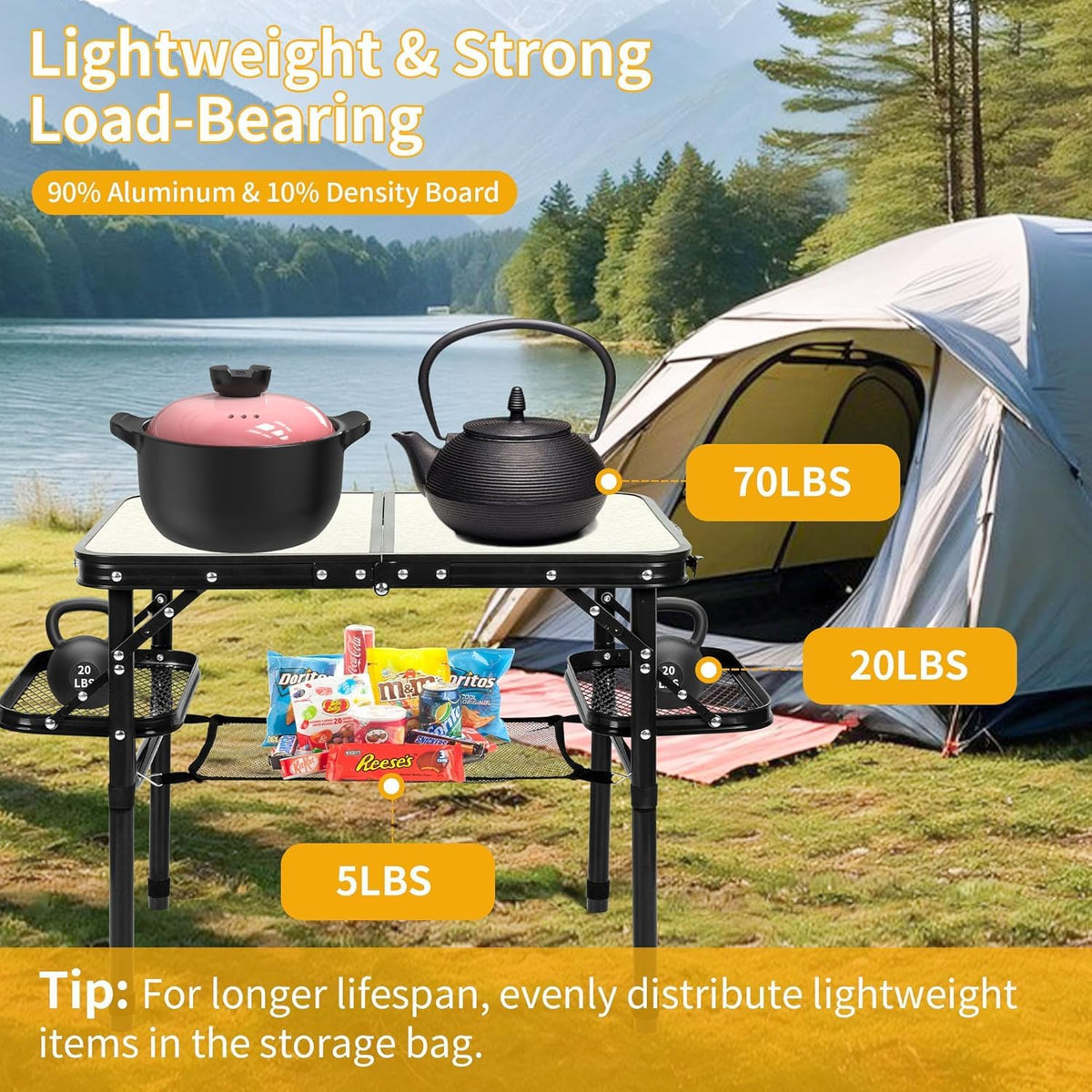 Folding Aluminum Camping Table 3-Height Adjustable with Carry Handle E1924