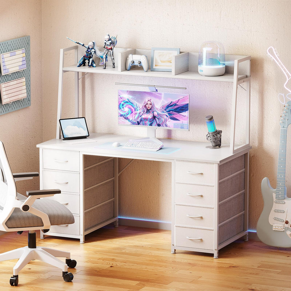 48 Inch White Computer Desk with Hutch and 8 Drawers F413
