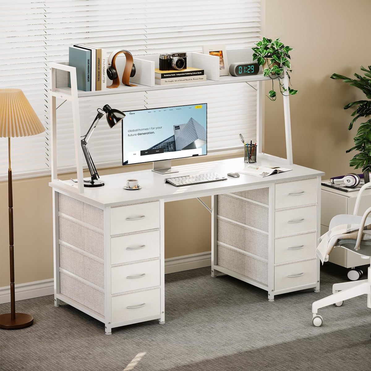 48 Inch White Computer Desk with Hutch and 8 Drawers F413