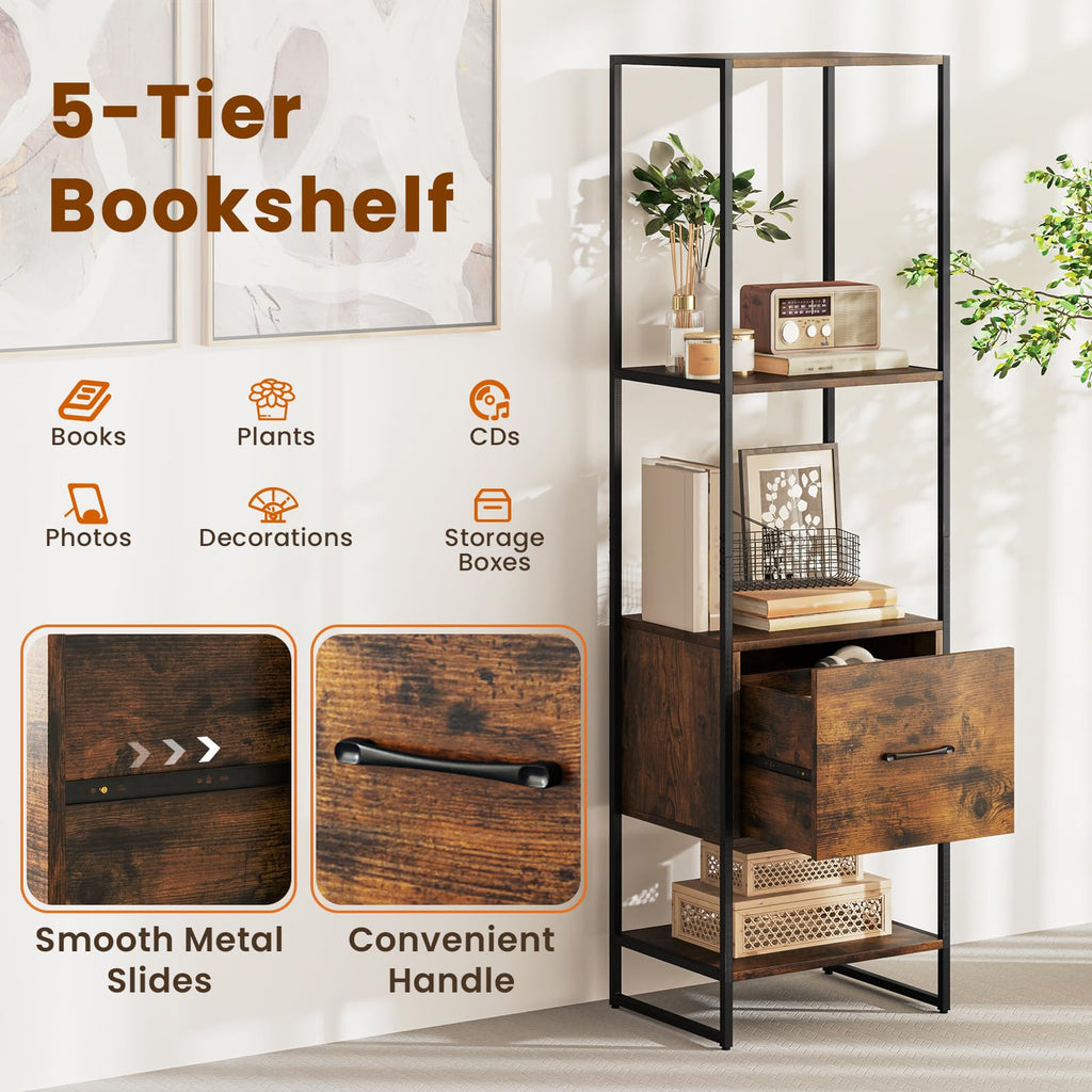5-Tier Bookshelf with Drawer Narrow Bookcase X26538