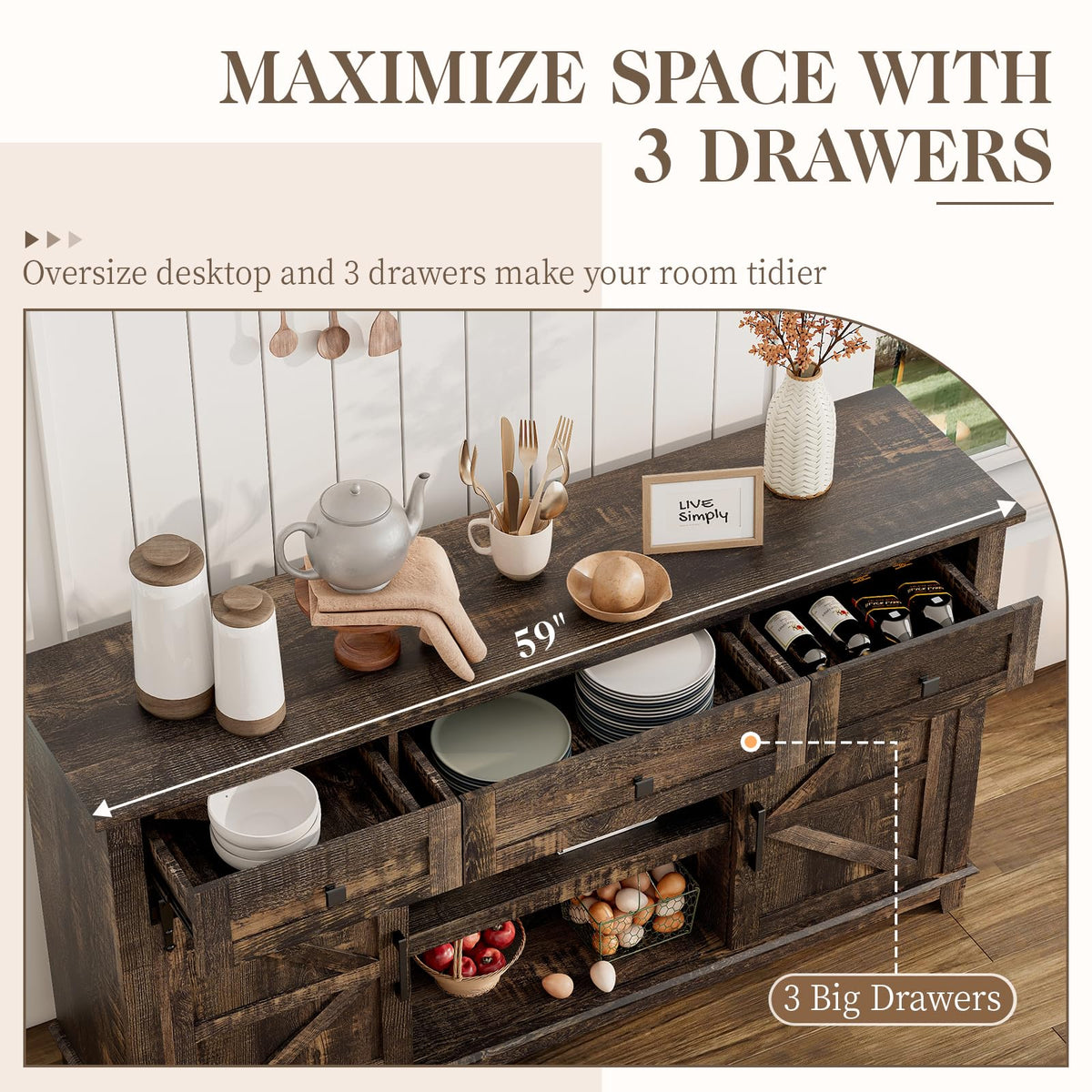 59" Dark Rustic Oak Farmhouse TV Stand with Storage Drawers T299145