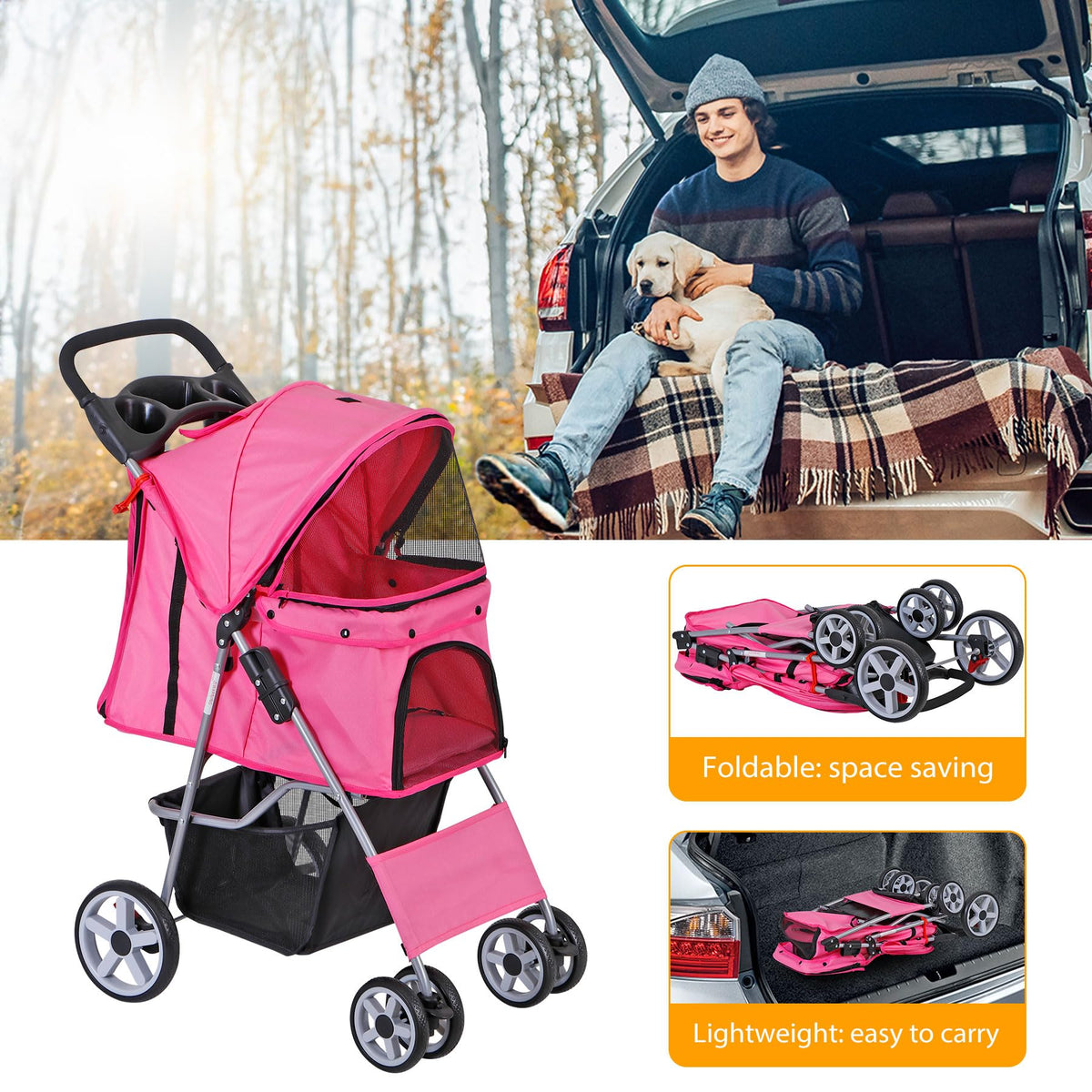 4 Wheels Folding Dog Stroller with Storage Basket, Pink Y339450