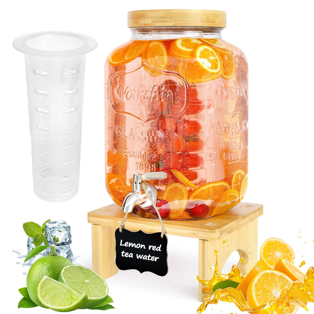 2 Gallon Glass Beverage Dispenser with Wood Stand X41730