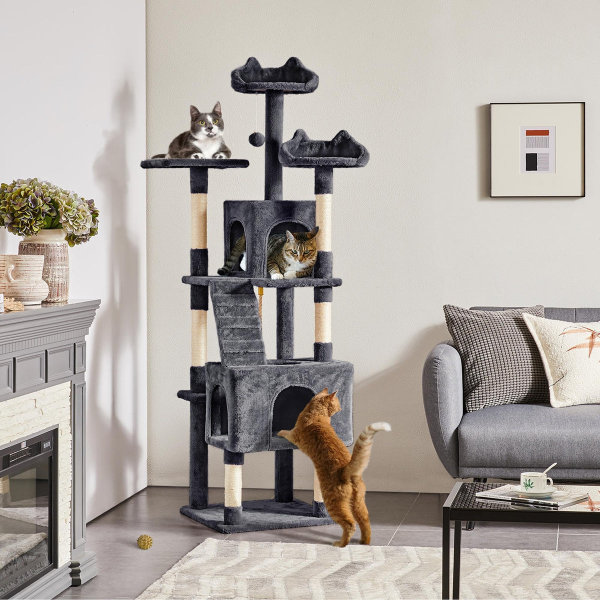 72in Dark Gray Cat Tree Tower with 2 Condos & 3 Perches C25510