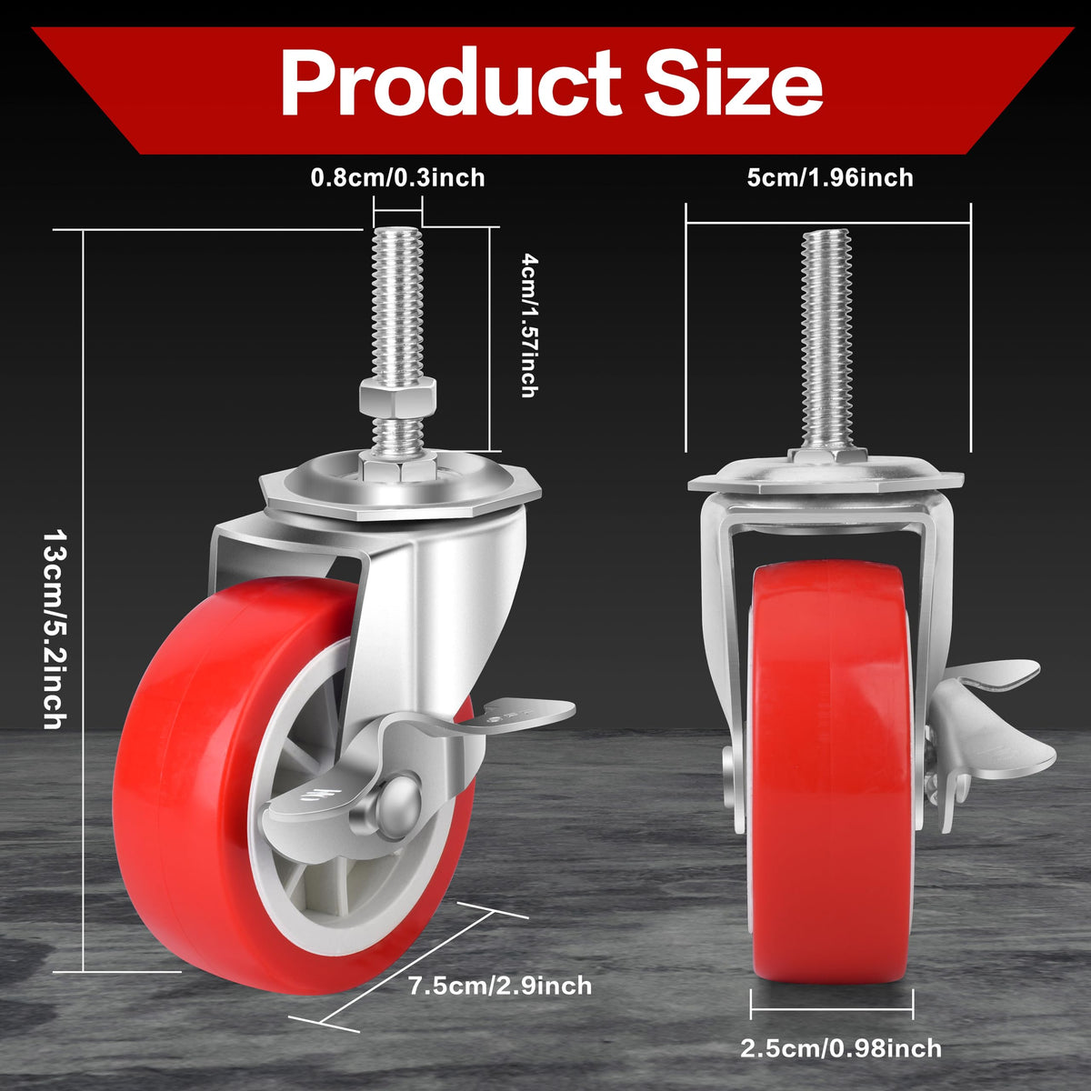 3 Inch Heavy Duty Stem Casters Swivel Wheels with Brake, Set of 4 C35699