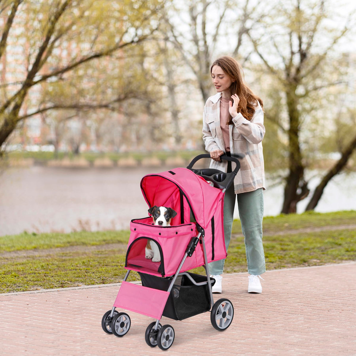 4 Wheels Folding Dog Stroller with Storage Basket, Pink Y339450