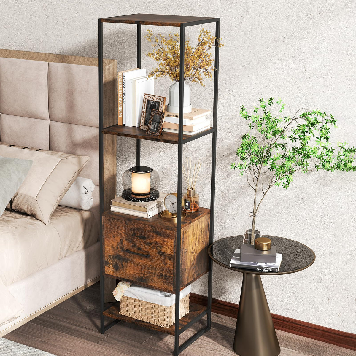 5-Tier Bookshelf with Drawer Narrow Bookcase X26538