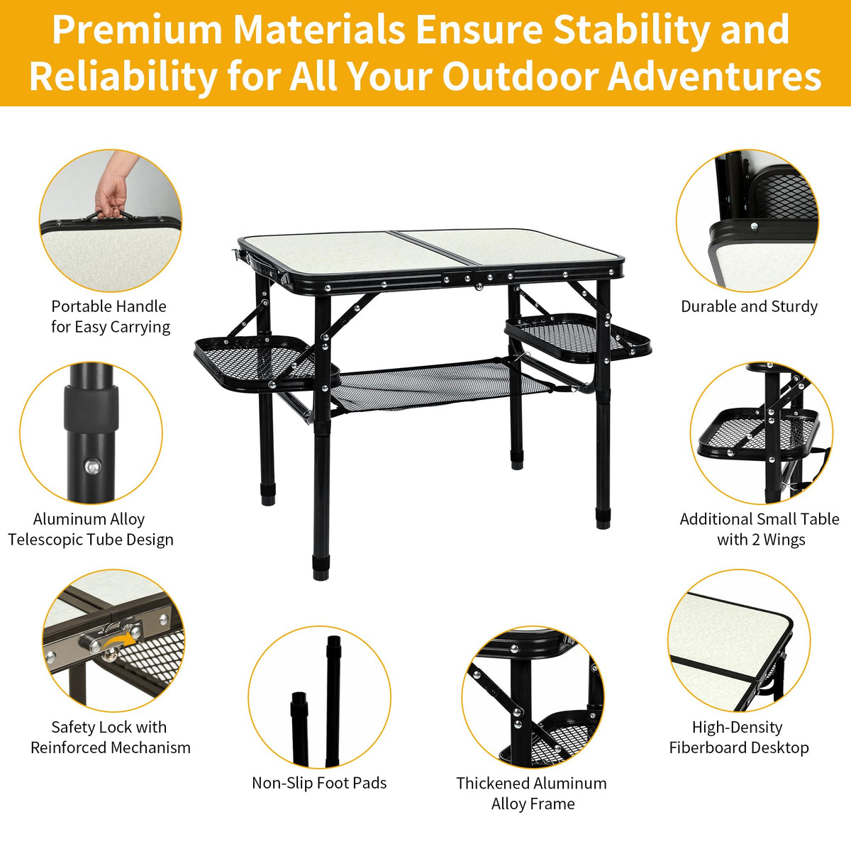 Folding Aluminum Camping Table 3-Height Adjustable with Carry Handle E1924
