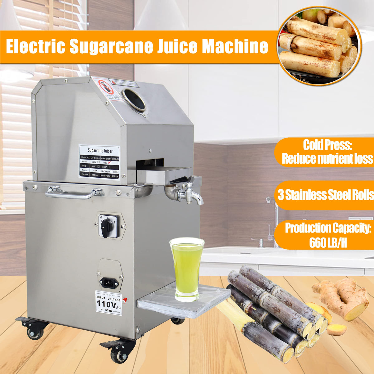 110V 750W Electric Sugar Cane Juicer with 3 Stainless Steel Rollers S3923
