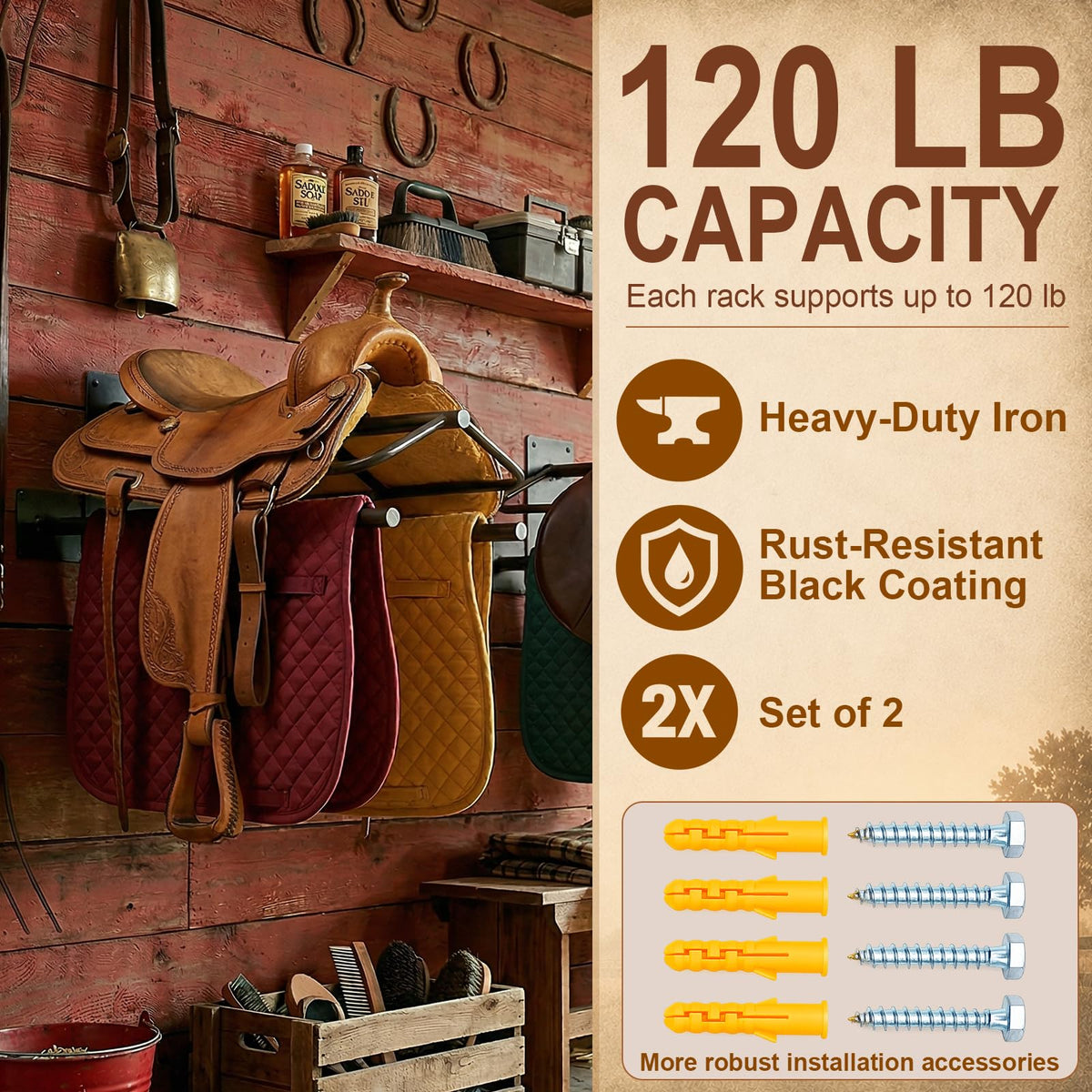 Wall Mounted Saddle Rack Set of 2, 120-lb Capacity Heavy Duty Iron Saddle Stand Z783