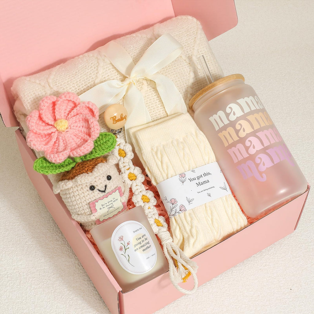 Mom Gift Basket with Blanket, Glass Cup, Candle, Socks & Crochet Flower G337005