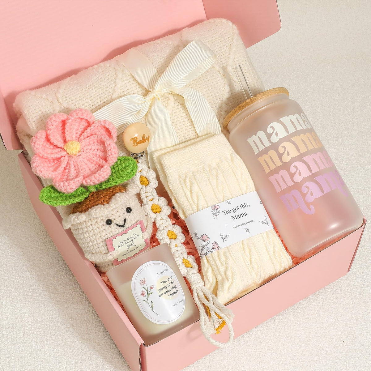 Mom Gift Basket with Blanket, Glass Cup, Candle, Socks & Crochet Flower G337005