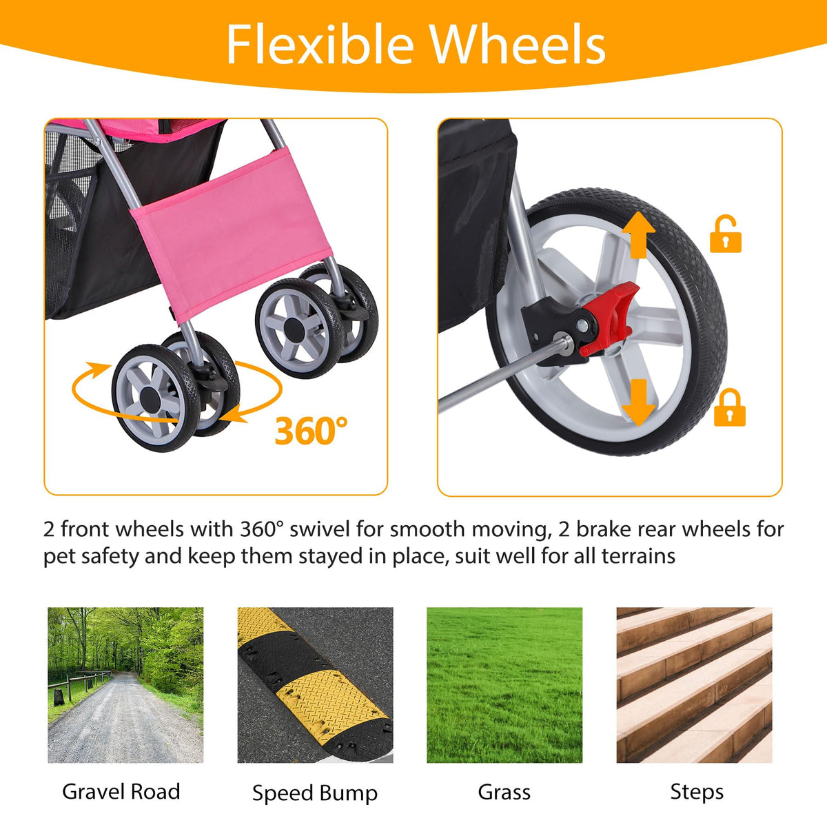 4 Wheels Folding Dog Stroller with Storage Basket, Pink Y339450