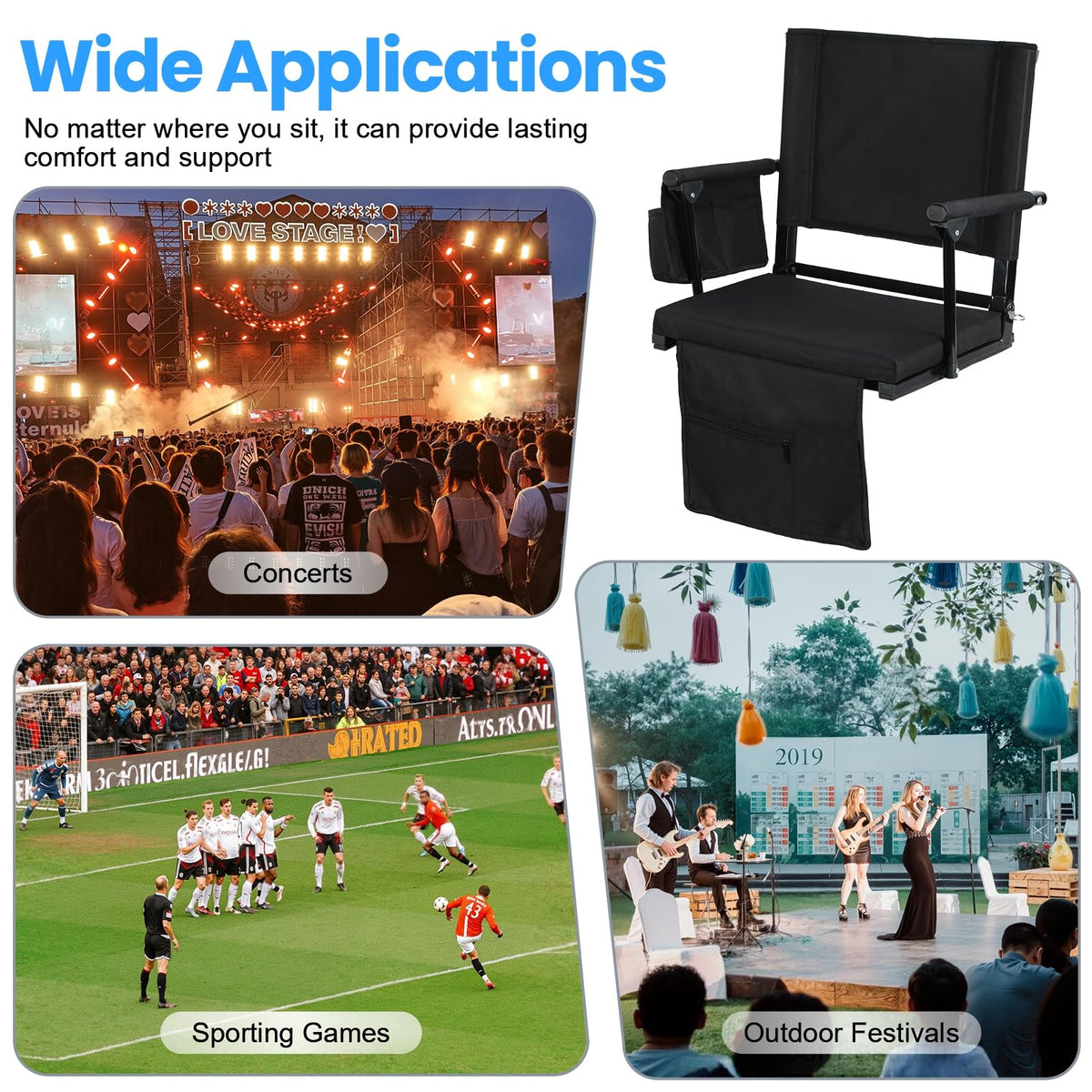 2 Pcs Folding Stadium Seats with Back Support & Cushion S6926