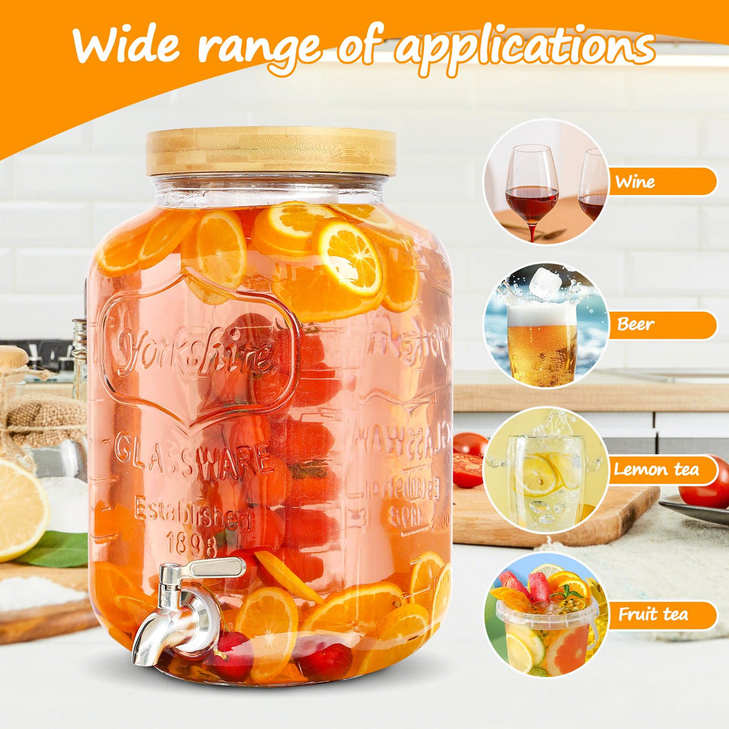 2 Gallon Glass Beverage Dispenser with Wood Stand X41730