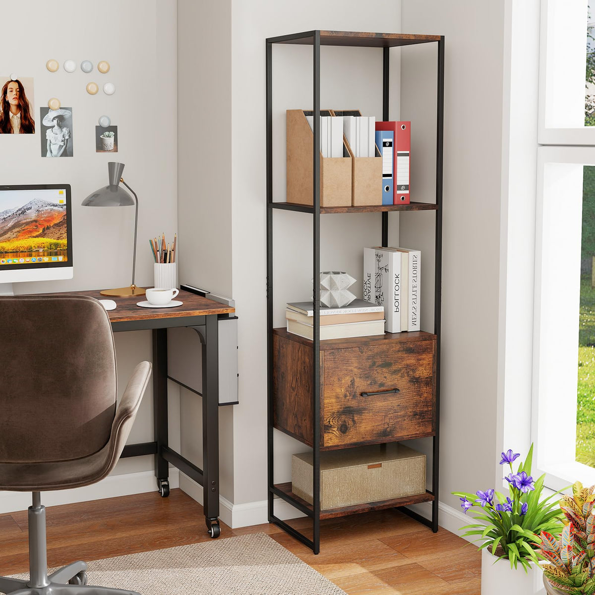 5-Tier Bookshelf with Drawer Narrow Bookcase X26538