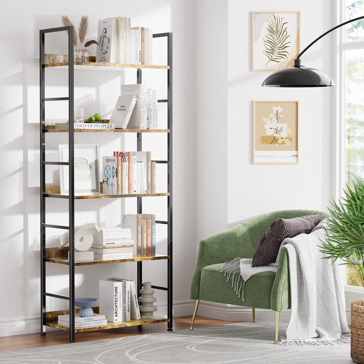 5 Tier Wood and Black Metal Bookshelf O6350