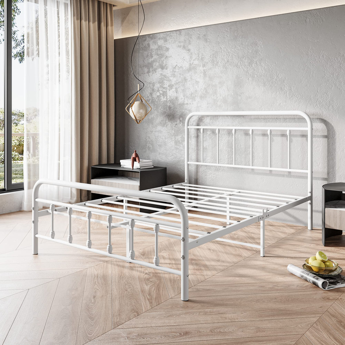 White Full Size Metal Bed Frame with Headboard and Footboard K225